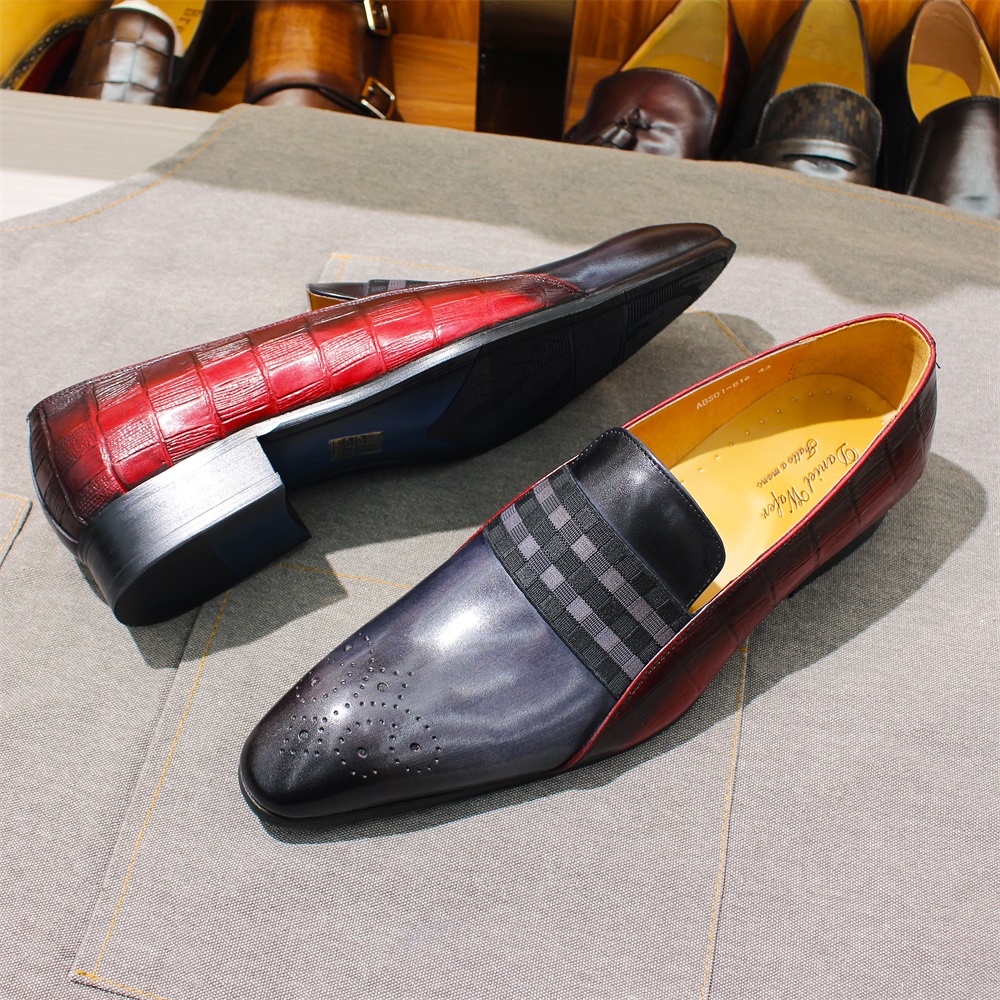 Men Shoes Red Tape - แฟชั่นผู้ชายLoafers CowhideหนังสีเทาสีแดงผสมลายElastic Band Casualรองเท้าสําหรับสุภาพบุรุษงานแต่งงานรองเท้า