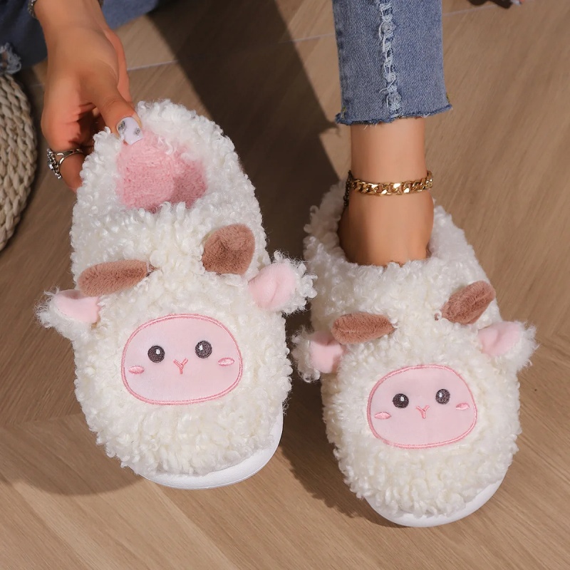 Men'S Shoes To Women'S Size - รองเท้าแตะรูปแกะน้อยน่ารักสำหรับฤดูหนาว เหมาะสำหรับผู้หญิงและผู้ชาย รองเท้าแตะขนแกะนุ่มสบายสำหรับใส่ในบ้าน รองเท้าแตะคู่รักแฟชั่น ปักลายสวยงาม รองเท้าแตะผ้าฝ้ายนุ่ม
